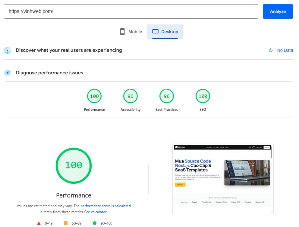 Google PageSpeed Perfect Score VinhWeb