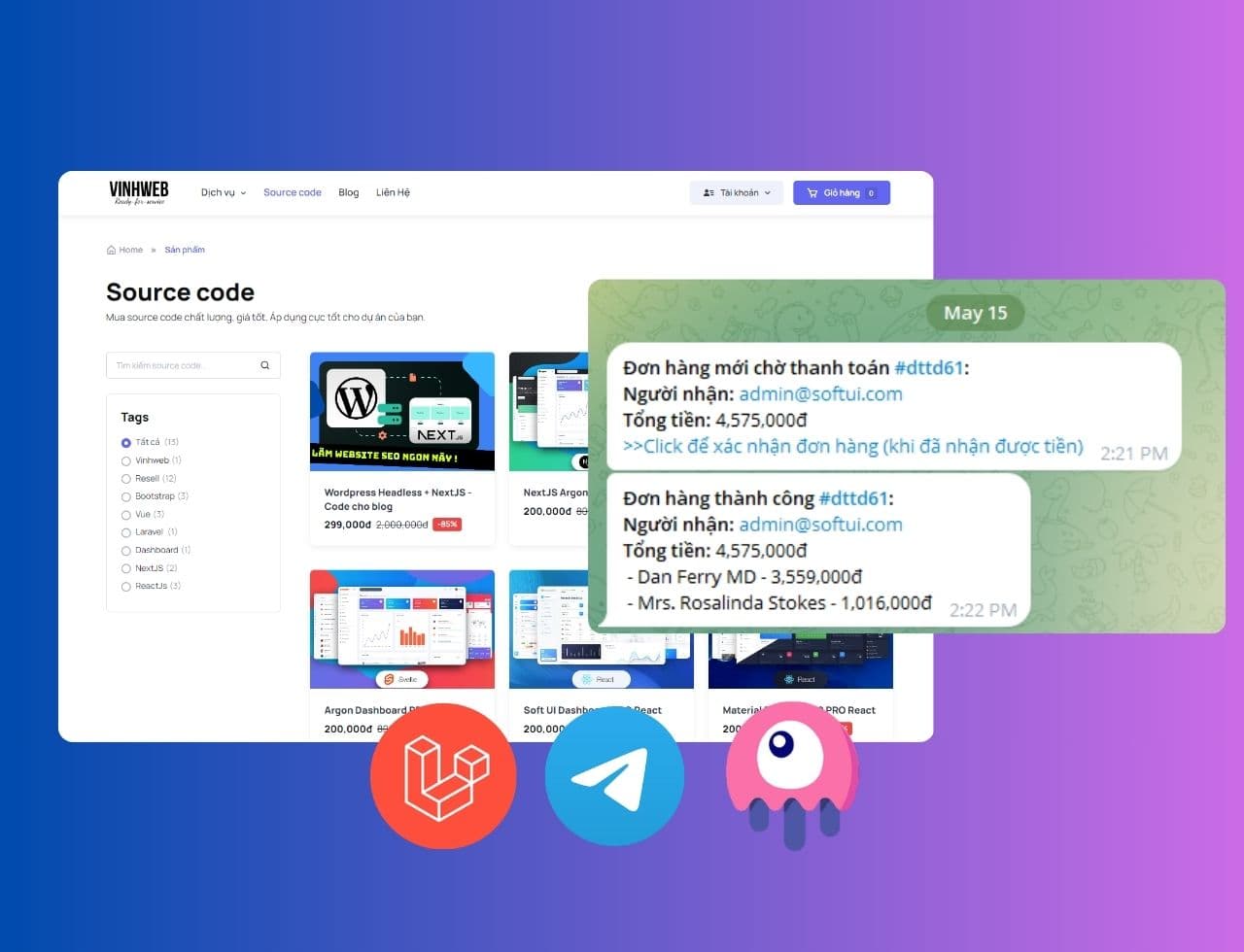 Source code Laravel Livewire bán hàng online, thông báo giao dịch qua Telegram